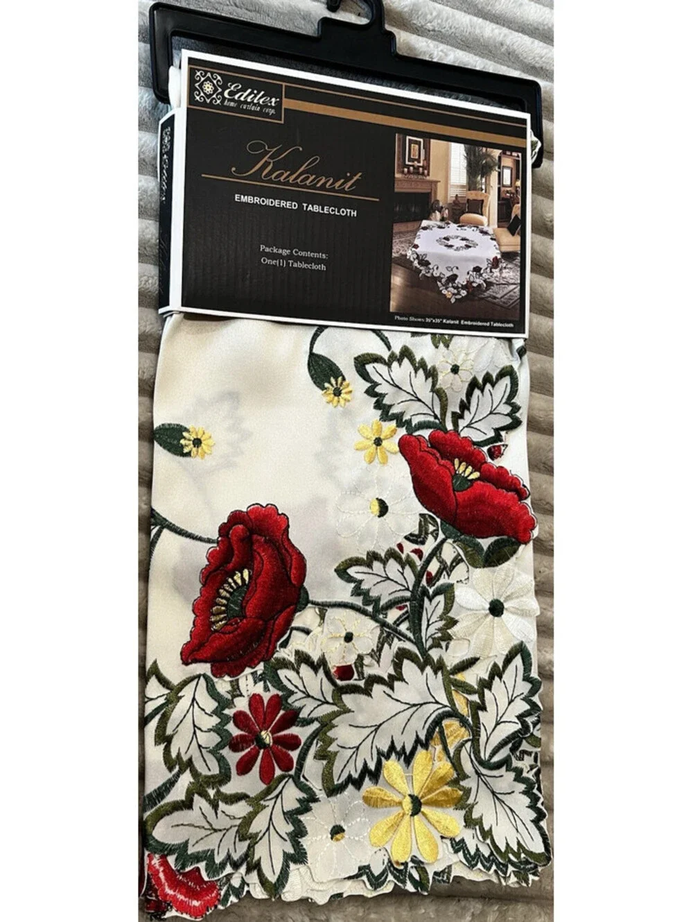 NEW Embroidered Cutout floral 35”square tablecloth Ivory red green Cottagecore